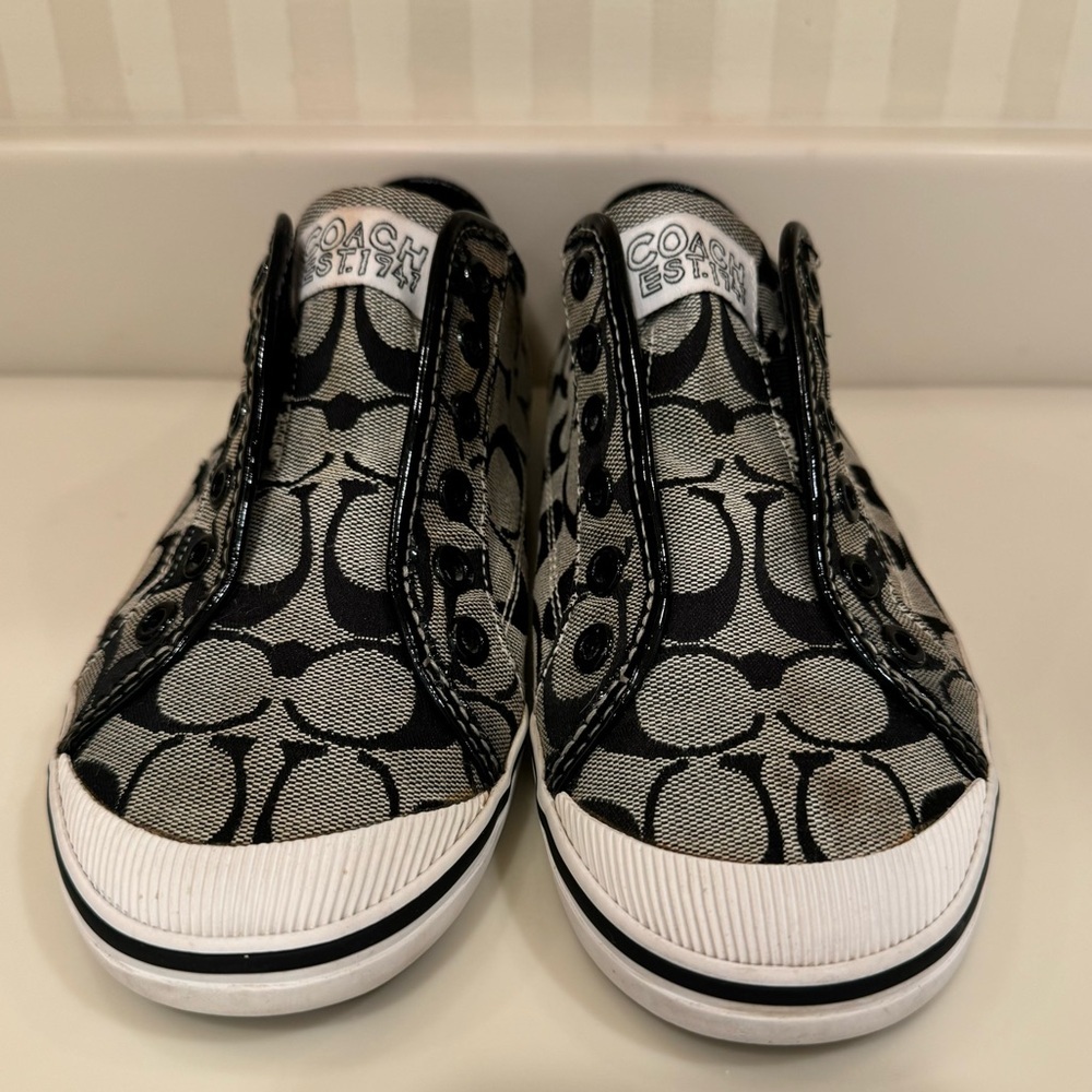 Coach Kira Laceless Slip On Sneakers Jacquard Black White Logo - Picture 2 of 16